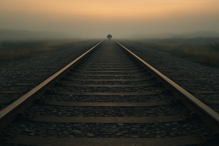 A lone figure standing on foggy railroad tracks at sunrise, symbolizing fragile human progress.